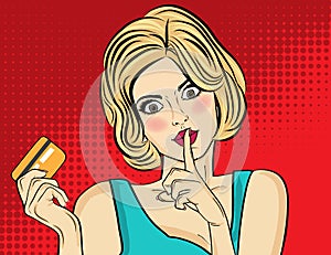 Beautiful woman in pop art style with credit card showing hand