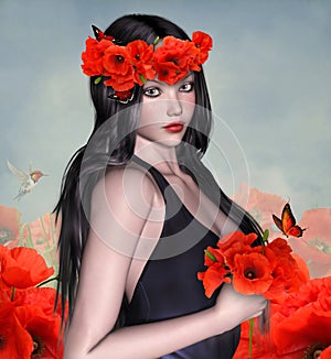 Beautiful woman with poppies