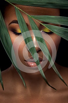 Beautiful woman portrait on black background. Young afro girl posing with green leaves and closed eyes. Gorgeous make up.