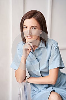 Beautiful woman portrait. Businesswoman think about future