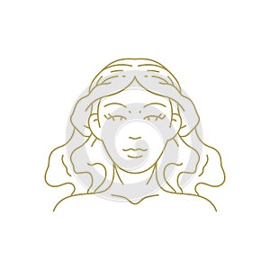 Beautiful woman portrait elegant long hair cosmetology coiffure line art deco vintage logo vector