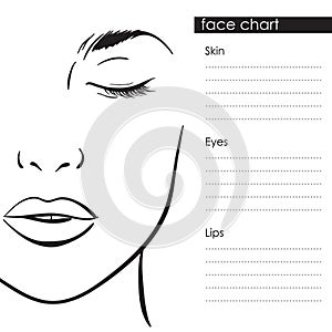 Beautiful woman portrait. Face chart Makeup Artist Blank Template. Vector