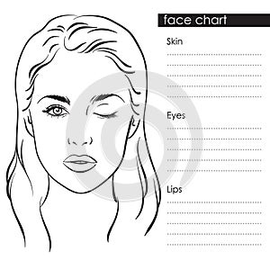 Beautiful woman portrait. Face chart Makeup Artist Blank Template. Vector illustration.