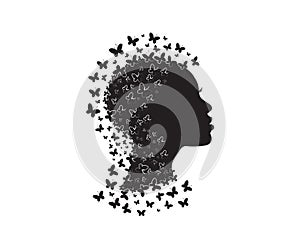 Beautiful woman portrait with flying butterflies in her head. Black and white Scandinavian Minimalist poster design