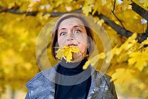 Beautiful woman portrait, she put the maple leaf in her mouth and is surprised, posing in autumn city park, bright sunny day