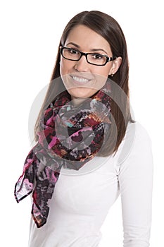 Beautiful woman portrait smiling - isolated over a white background