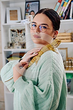 Beautiful Woman Posing with Her Adorable Bearded Dragon Pets