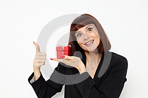 beautiful woman posing with red gift box surprise isolated background