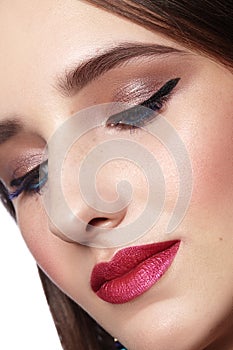 Beautiful Woman with Professional Makeup. Celebrate Style Eye Make-up, Perfect Eyebrows, Shine Skin. Bright Fashion Look