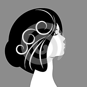 Beautiful woman profile silhouettes with elegant hairstyle, vector young female face design