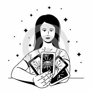 Beautiful woman prophetess holding tarot cards. Outline black vector illustration