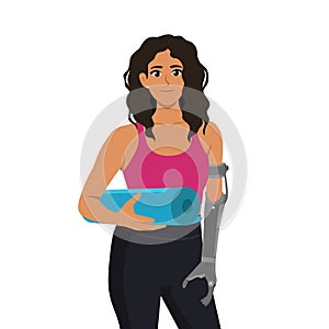 Beautiful woman with prosthetic arm holding yoga mat ready to workout