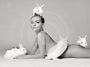 Beautiful woman with rabbit