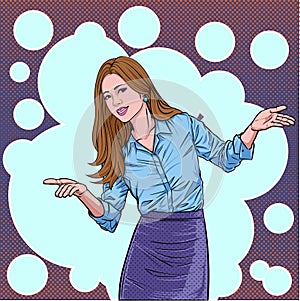 A beautiful woman raises her hand to present the story Illustration vector On pop art comics style Abstract dots background