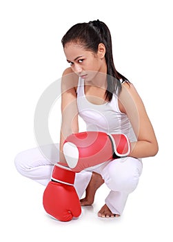 Beautiful woman with the red boxing gloves