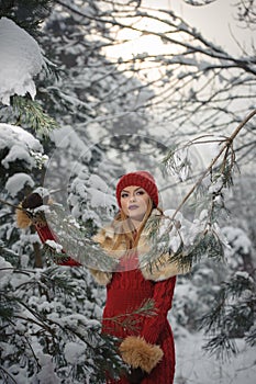 Beautiful woman in red with brown fur cape enjoying the winter scenery in forest. Blonde girl posing under snow-covered trees