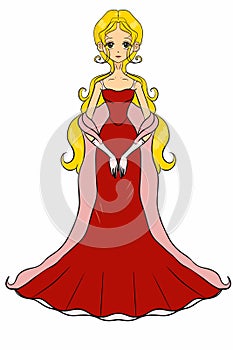 a beautiful woman in a red dress drawn in anime style