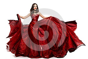 Beautiful Woman in Red Dress, Elegant Lady in Fluttering Sparkling Gown on white