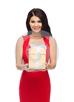 Beautiful woman in red dress with gift box