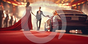 Beautiful woman in red dress on red carpet with luxury cars on background with AI generated.