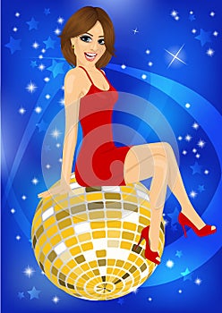 Beautiful woman in red dress sitting on disco mirror ball