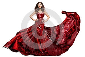 Beautiful Woman in Red Evening Dress, Elegant Fashion Girl in Fluttering Sparkling Gown Cut outWhite