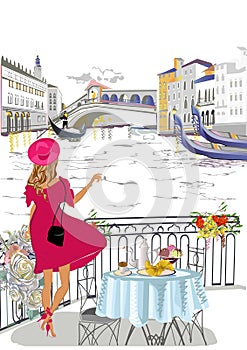 Beautiful woman in a red hat in Venice. Set of Italy illustrations with fashion girls, cafes and musicians.