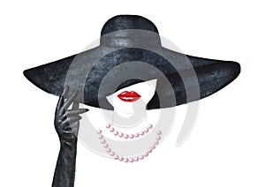 Beautiful woman with red lips, black hat, black glove and pearl necklace