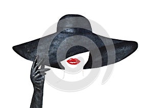 Beautiful woman with red lips, black hat, hand in black glove