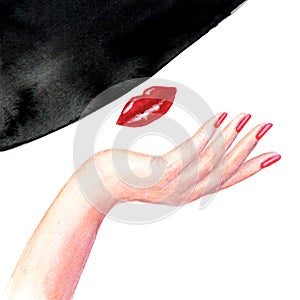 Beautiful woman with red lips, black hat, hand with red manicure nails