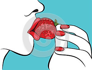 Beautiful woman with red lips eating strawberry