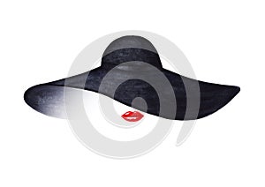 Beautiful woman with red lips and elegant black hat isolated on white background