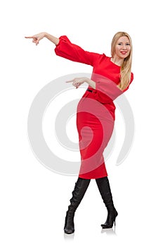 Beautiful woman in red long dress isolated on the