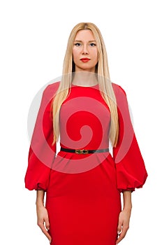 Beautiful woman in red long dress isolated on the