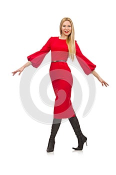 Beautiful woman in red long dress isolated on