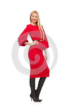 Beautiful woman in red long dress isolated on