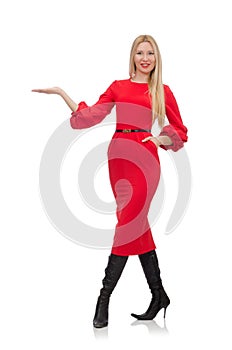 Beautiful woman in red long dress isolated on