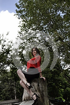 Beautiful woman in red shirt and black skirt is sitting in a sexual pose on the tree stump in the park