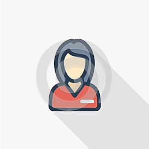 Beautiful woman in red uniform avatar thin line flat color icon. Linear vector symbol. Colorful long shadow design. photo