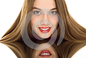 Beautiful woman reflection mirror smile isolated