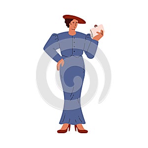 Beautiful woman in retro long dress hat and reticule handbag, vector cartoon Silent generation character vintage fashion photo