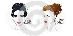 Beautiful woman with retro shell hairstyle, hand drawn line vector fashion illustration