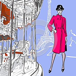 Beautiful woman in retro style in Paris . retro dress sixties years