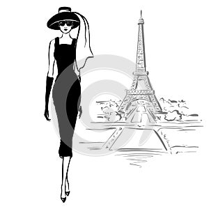 Beautiful woman in retro style in Paris . vintage dress