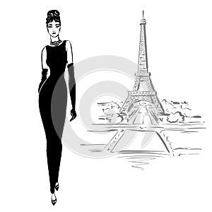 Beautiful woman in retro style in Paris . vintage dress
