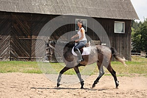 Beautiful woman riding gray horse