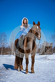 Beautiful woman riding a horse in winter on a Sunny day