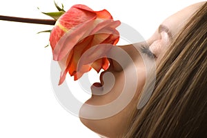 Beautiful woman with rose sideview isolated