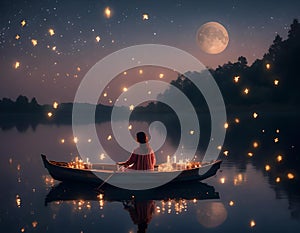 Beautiful woman in a row boat on a lake at a romantic night