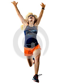 Beautiful woman runner jogger jogging running isolated white background